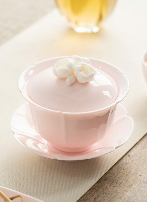 Pink Ceramic Tea Bowl Set with White Flower Handle
