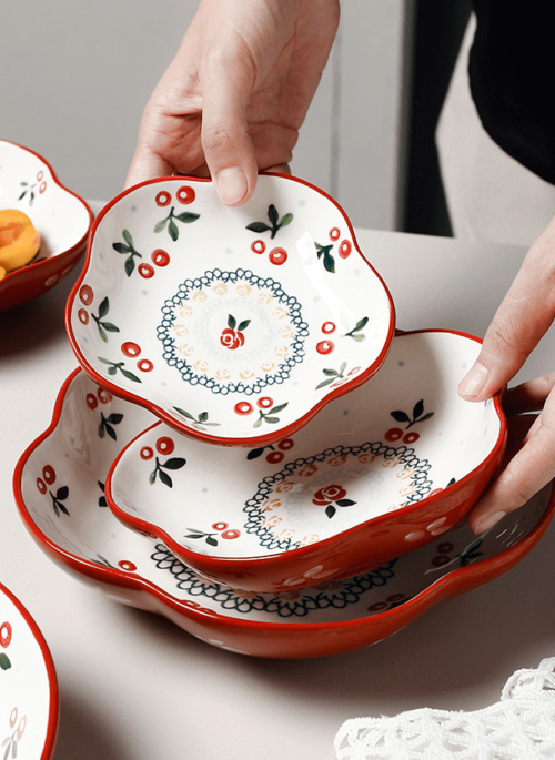 Red Ceramic Lace Painted Cherry Dishes