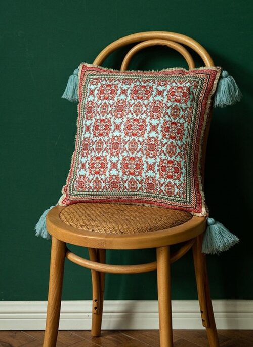 Red and Blue Throw Pillowcase with Mandala Pattern and Tassels