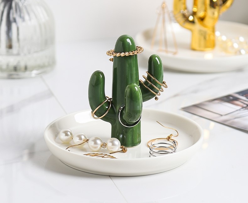 Small Ceramic Jewelry Tray with Cactus in the Middle