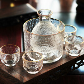 Water Textured Glass Japanese Sake Set with Gold Rim