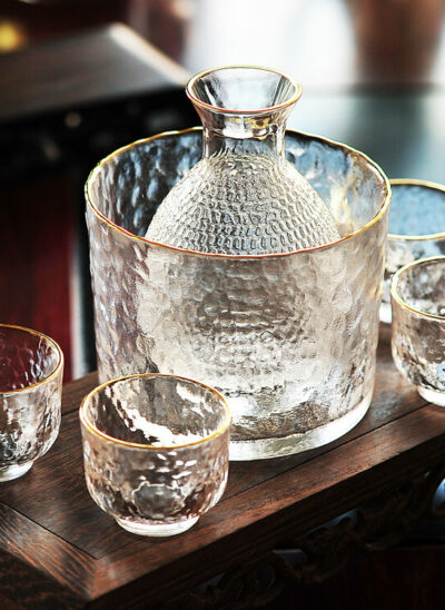 Water Textured Glass Japanese Sake Set with Gold Rim