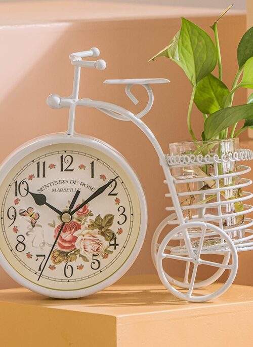 White Iron Clock with Old Floral Face and Round Holder