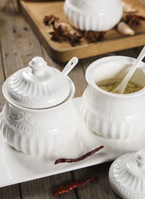 Embossed White Ceramic Jar with Spoon