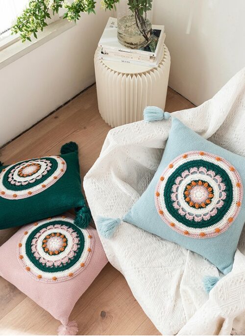 Knitted Crochet Patterned Pillows with Tassels
