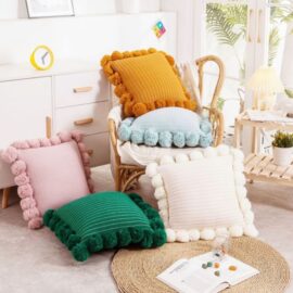 Knitted Square Pillowcase with Pom-poms