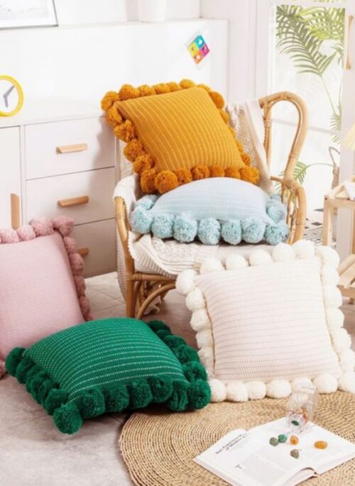 Knitted Square Pillowcase with Pom-poms