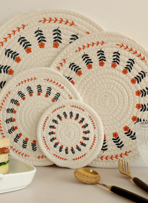 Orange Floral Round Woven Cotton Heat Mats