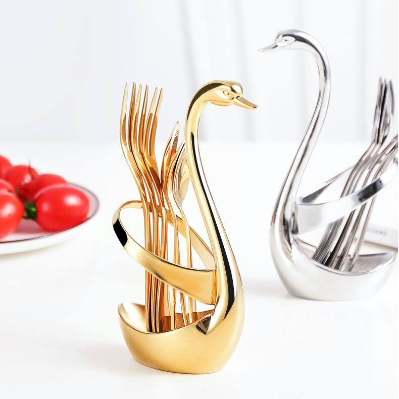 Silver and Gold Swan Utensil Holder with Utensil Sets