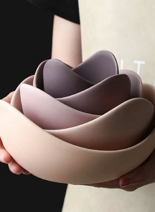 Stackable Ceramic Lotus-Shaped Bowl Set