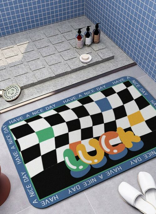 Suede Checkerboard with Cartoon Retro Print Floor Mat