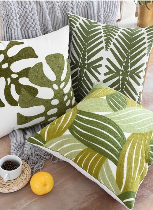 Throw Pillowcase with Embroidered Green Leaves Pattern