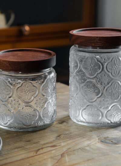 Tile Pattern Embossed Glass Airtight Jars with Wooden Lid