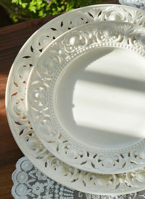 White Porcelain Plate with Embossed Baroque Details