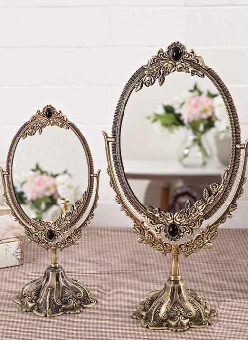 Antique Bronze Engraved Oval Table Mirror