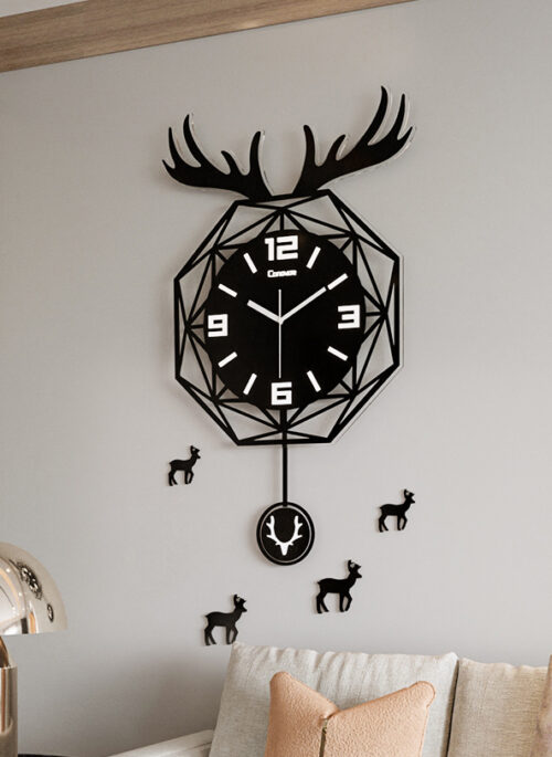 Black Triangular Deer Head Clock with Pendulum