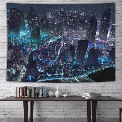 Cyberpunk City Aerial View Landscape Anime Tapestry
