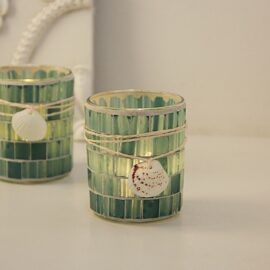 Glass Mosaic with String and Shell Candle Holder Cup
