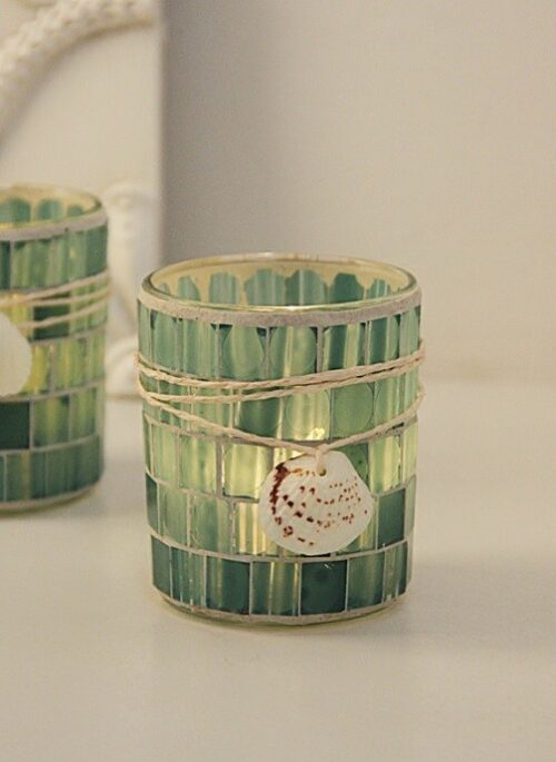Glass Mosaic with String and Shell Candle Holder Cup