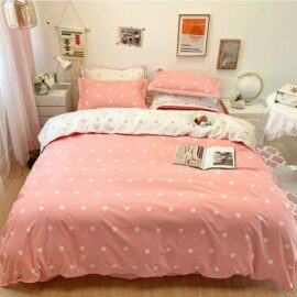 Pink and White with Heart Prints Set of Four Bed Linen