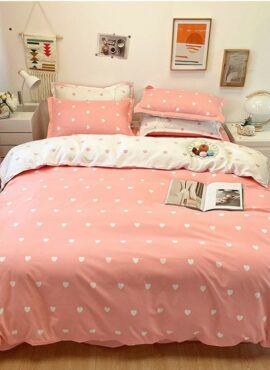 Pink and White with Heart Prints Set of Four Bed Linen