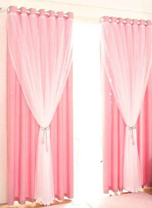 Pink with White Mesh Double Layer Curtain