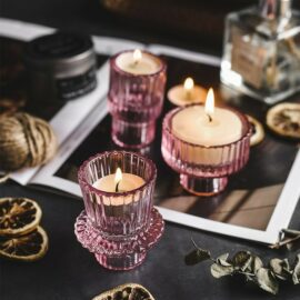 Small Reeded Pink Glass Candle Holder