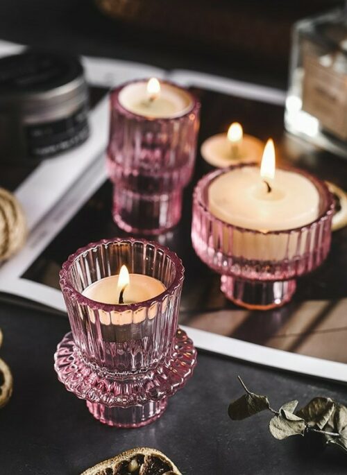 Small Reeded Pink Glass Candle Holder