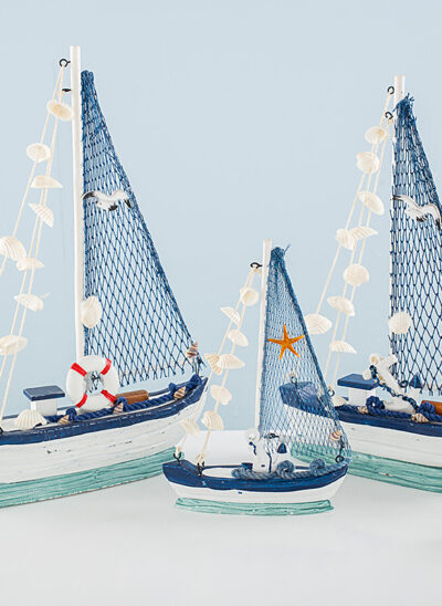 Small Wooden Boat with Blue Net and Sea Animals