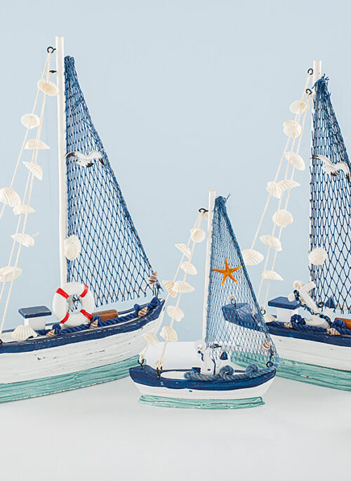 Small Wooden Boat with Blue Net and Sea Animals