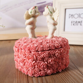 Kissing Angels on Pink Rose Heart-shaped Jewelry Box