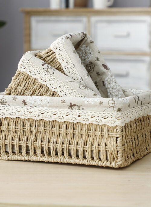 Lace-trimmed Vintage Floral Basket Organizer Set