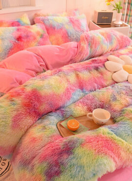 Psychedelic Rainbow Faux Fur Bed Linen Set of Four
