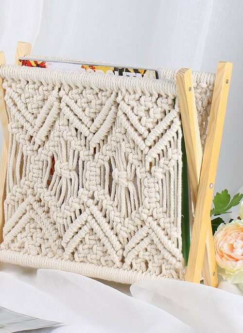 Macrame Folding Magazine Rack with Wooden Legs