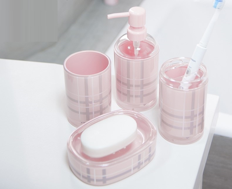 Pink Plaid Patterned Bathroom Essentials