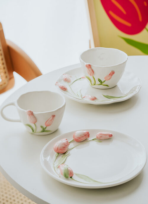 Porcelain Tableware with Embossed Pink Tulip