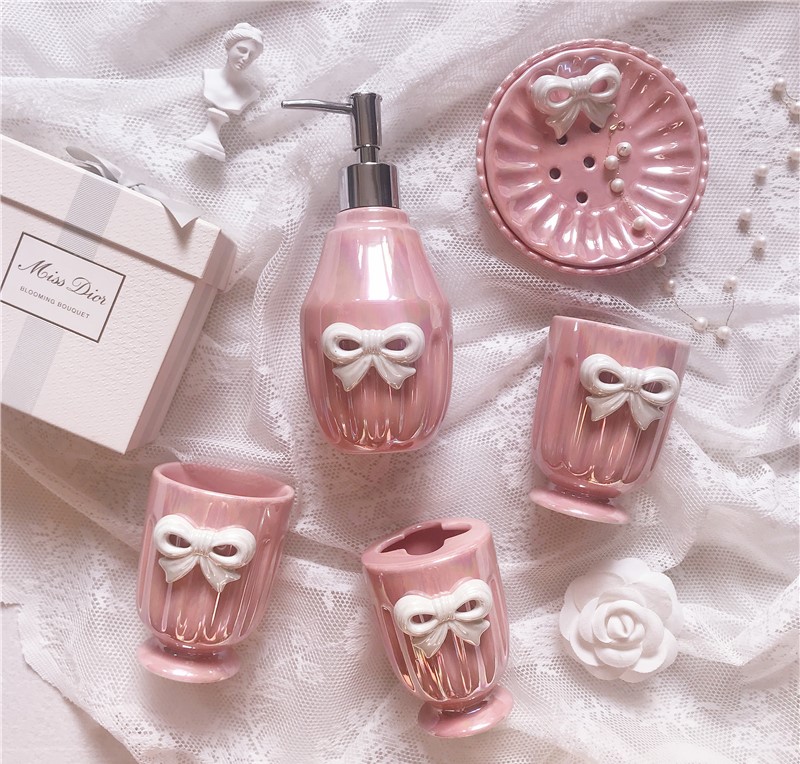 Pearl Pink Bathroom Essentials with White Bow