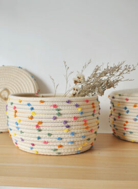 Round Woven Basket with Rainbow Dots
