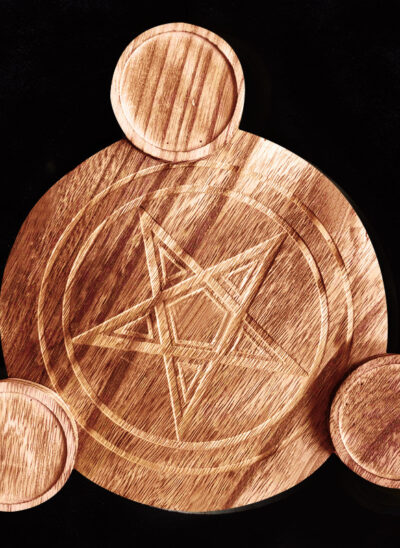 Wooden Board Candle Holder with Pentagram Engraving