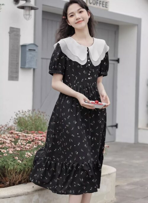 Black Floral Dress With Chiffon Collar