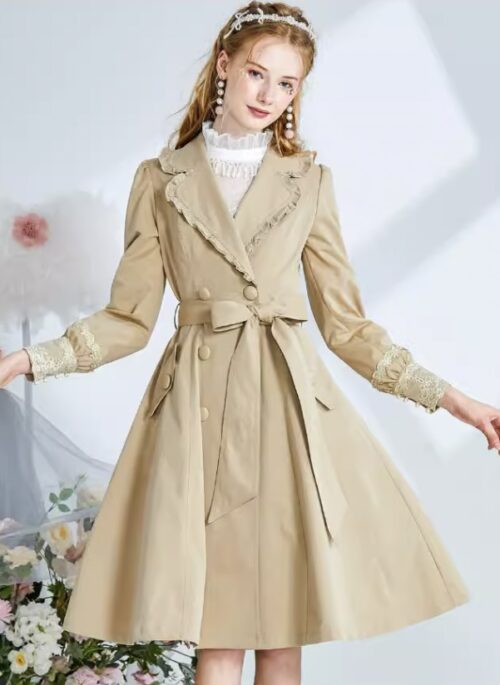 Khaki Ruffled Coat With Bow