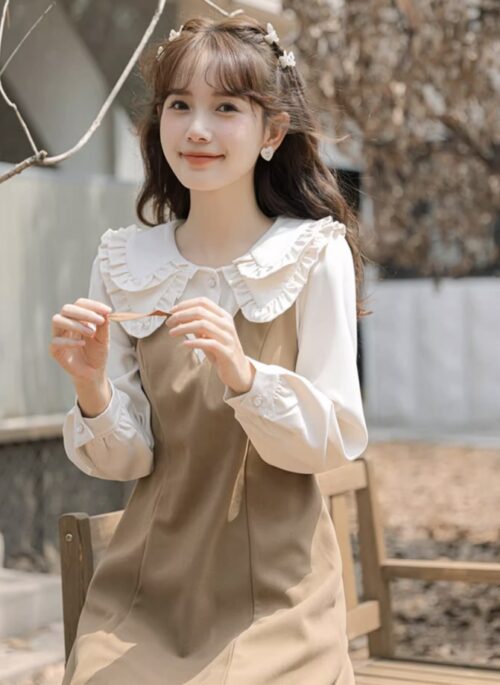 Petite Khaki French Doll Collar Dress