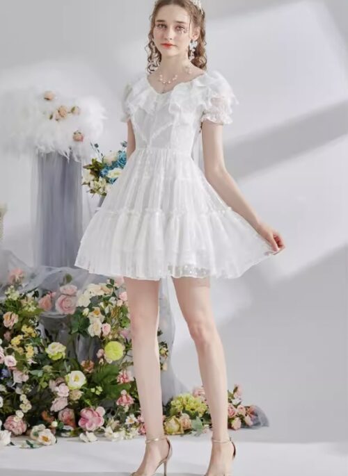 Polka Dot Short Princess Dress With Puff Sleeves