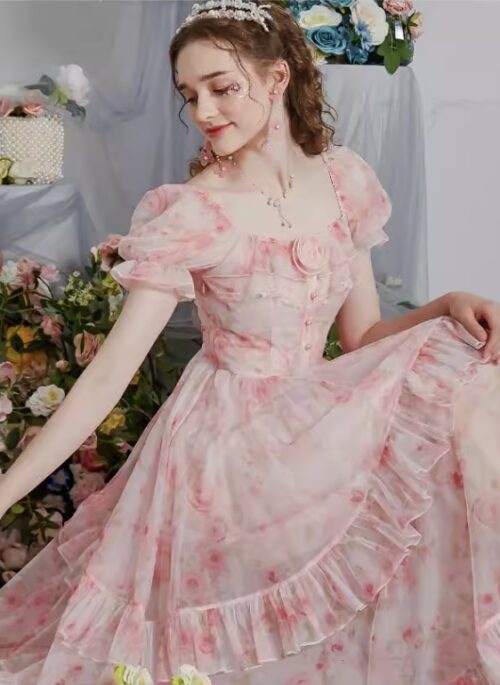 Puff Sleeved Mid-Length Dress With Ruffles
