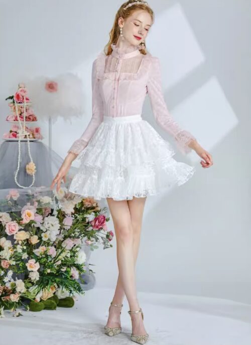 Turtle Neck Collared Lace Shirt With Bell Sleeves