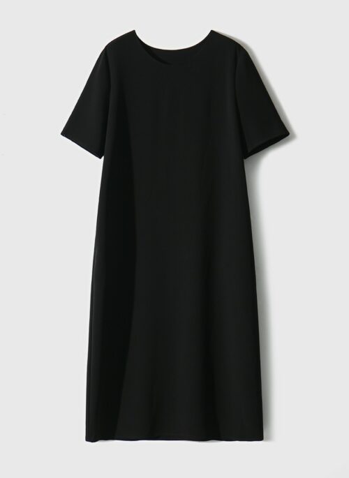 Black Round Neck Plain Dress With Short Sleeves