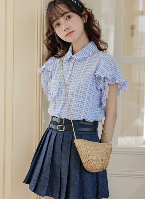 Blue Ruffled Sleeve Blouse With Collar