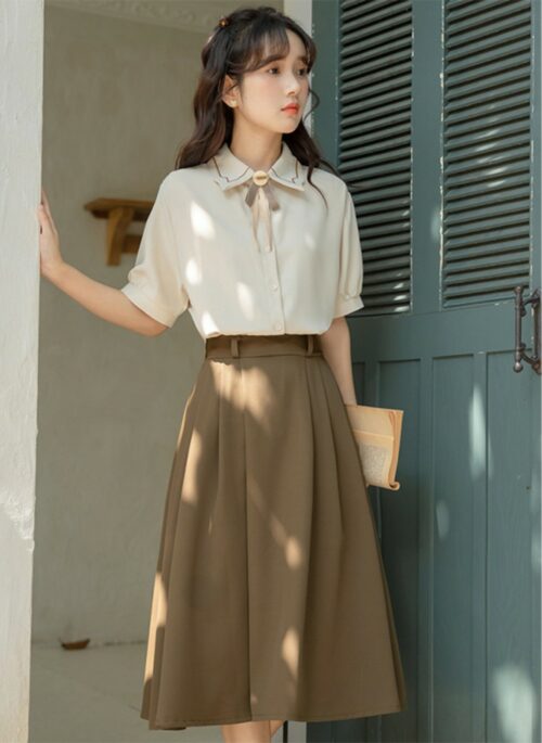 Brown Collared Blouse & Skirt Set