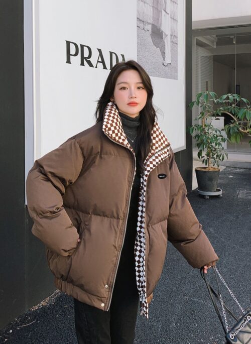 Brown Stand-Up Collar With Inner Plaid Look Winter Coat