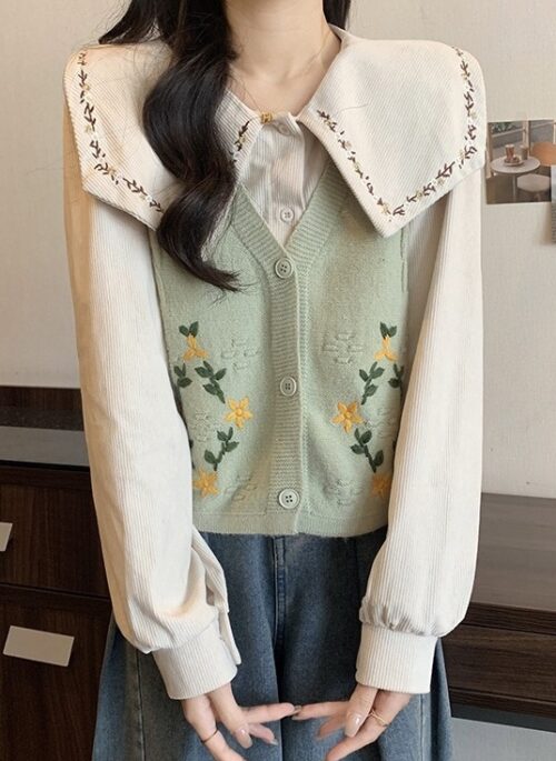 Green Floral Knitted Vest